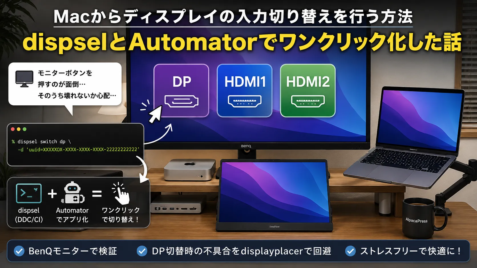 Macからディスプレイの入力切り替えをワンクリックで！dispsel＋Automatorで自動化する方法